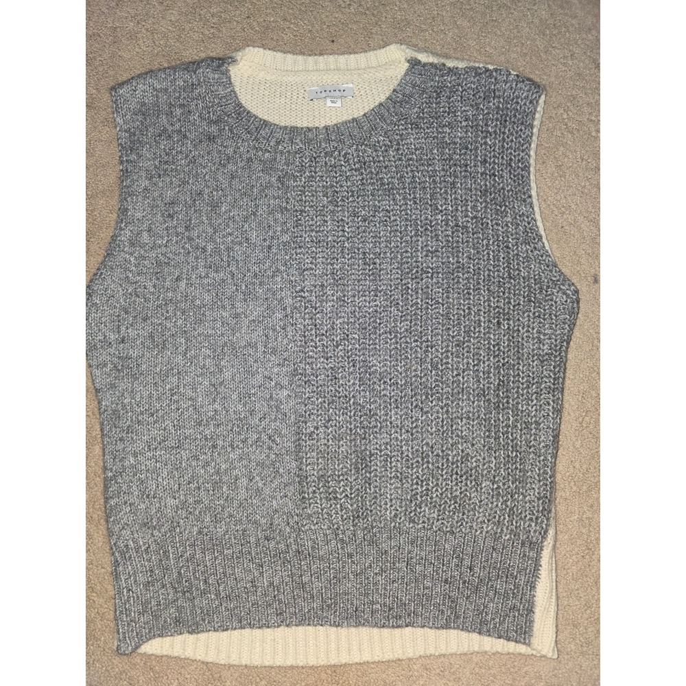 Topshop Womens Grey Cream Two Tone Knit Sweater Vest Sleeveless Crew Neck Medium